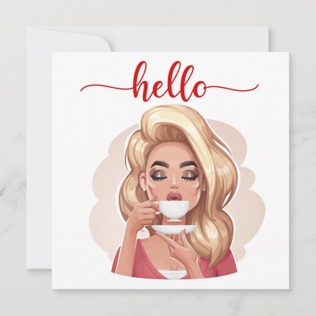 Cute Retro Girl Blonde Flat Hej Card (Framsida)