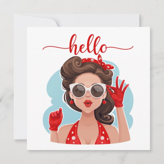 Cute Retro Girl Blue Flat Hej Card (Framsida)