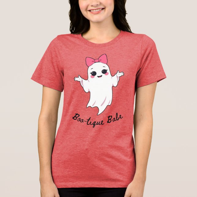 Cute Retro Girl Ghost med Rosa Hair Bow T Shirt (Framsida)