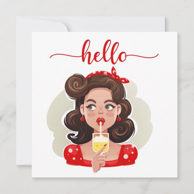 Cute Retro Girl Tan Flat Hej Card (Framsida)