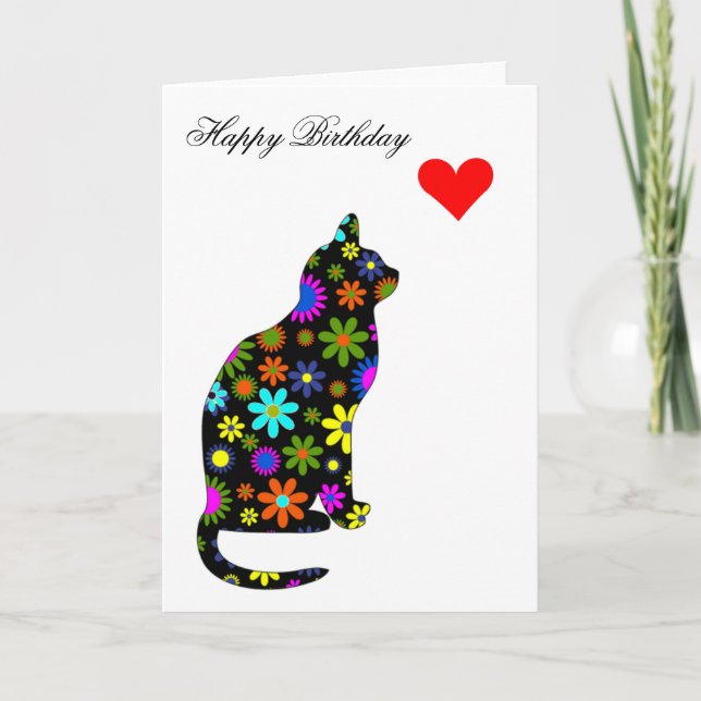 Cute Retro Girly Birthday Blommigt Cat Kattdjur He Kort (Framsida)