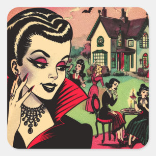 Cute Retro Goth Vampire Woman-Tecknader Fyrkantigt Klistermärke