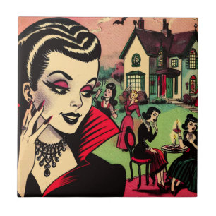 Cute Retro Goth Vampire Woman-Tecknader Kakelplatta