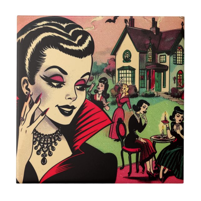 Cute Retro Goth Vampire Woman-Tecknader Kakelplatta (Framsidan)