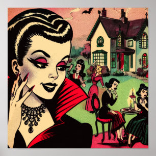 Cute Retro Goth Vampire Woman-Tecknader Poster