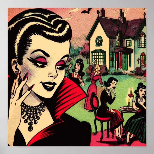 Cute Retro Goth Vampire Woman-Tecknader Poster (Framsidan)