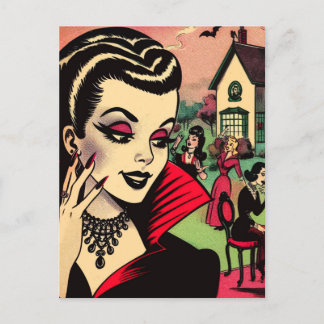 Cute Retro Goth Vampire Woman-Tecknader Vykort