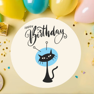Cute Retro Grattis på födelsedagen Black Cat Runt Klistermärke