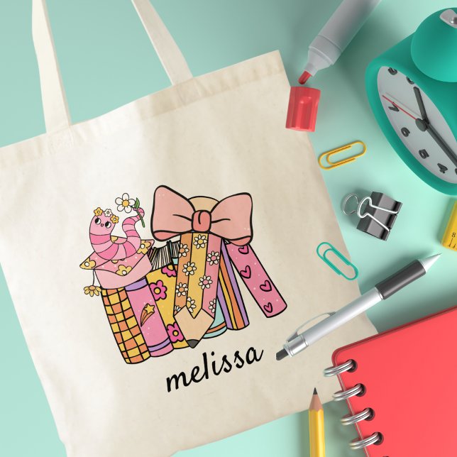 Cute Retro Groovy Rosa Pencil Bok Coquette Tygkasse (Skapare uppladdad)