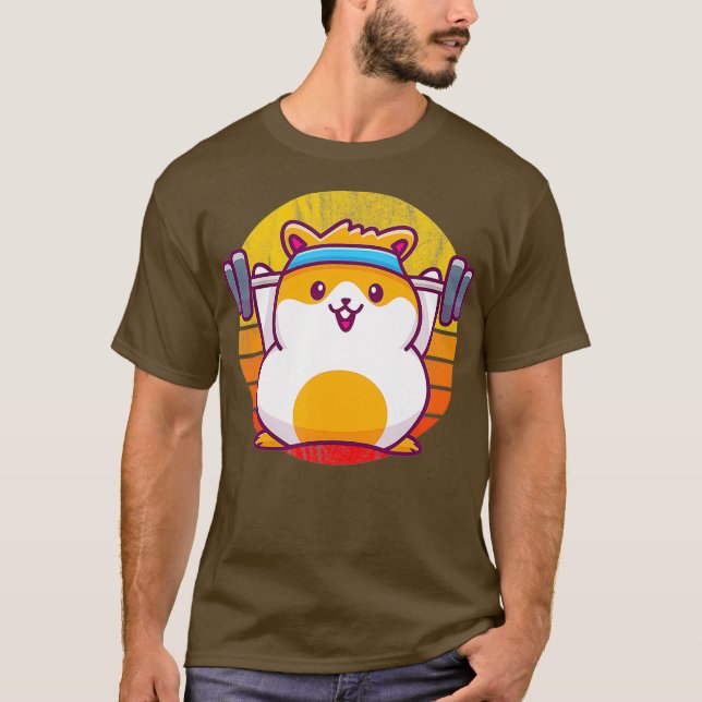 Cute Retro Gym Hamster Workout Distress Sunset T Shirt (Framsida)