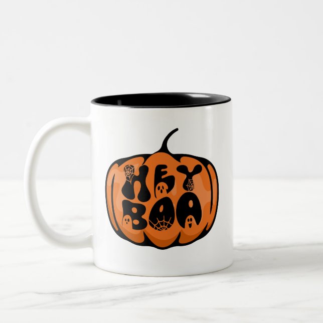 Cute Retro Hej Boo Pumpkin Ghost Black Orange Två-Tonad Mugg (Vänster)