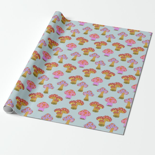 Cute Retro Hippie Mushroom Mönster i Pastel Blue Presentpapper (Utrullad)