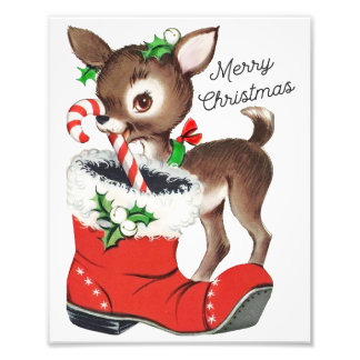 Cute Retro-Hjorten och Santa Boot Wall Art Fototryck