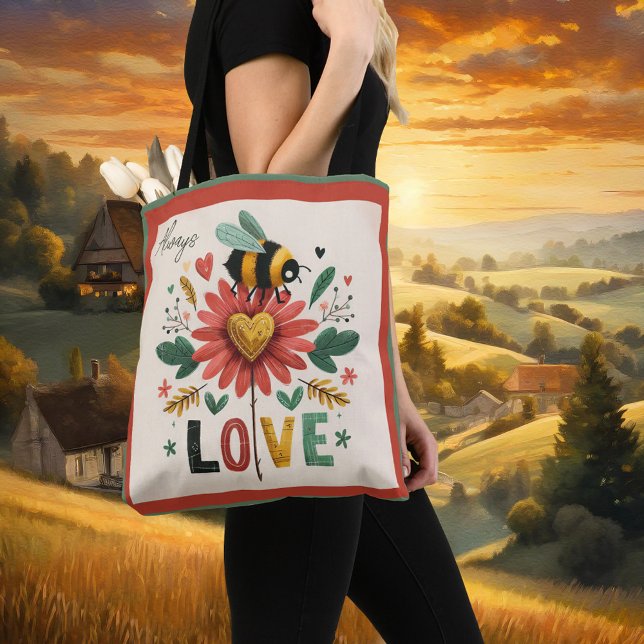 Cute Retro Humla Blommigt Kärlek Tygkasse (Tote bag featuring a retro painting of a bumble bee on a flower with LOVE text.)