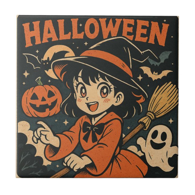Cute retro Japanese cartoon Halloween Kakelplatta (Framsidan)