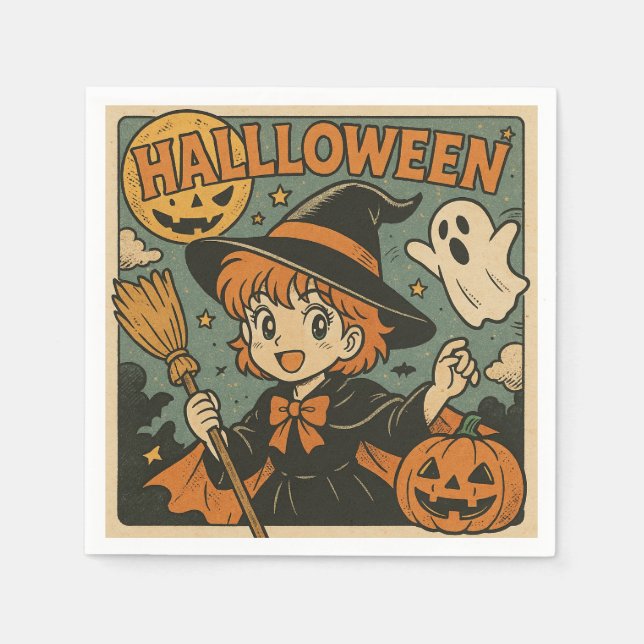 Cute retro Japanese cartoon Halloween Pappersservett (Framsidan)
