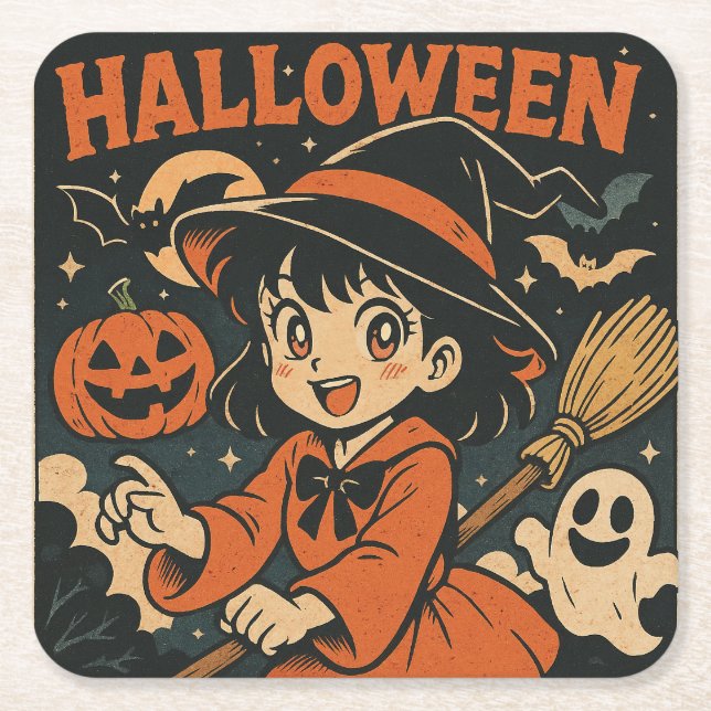 Cute retro Japanese cartoon Halloween Underlägg Papper Kvadrat (Framsidan)