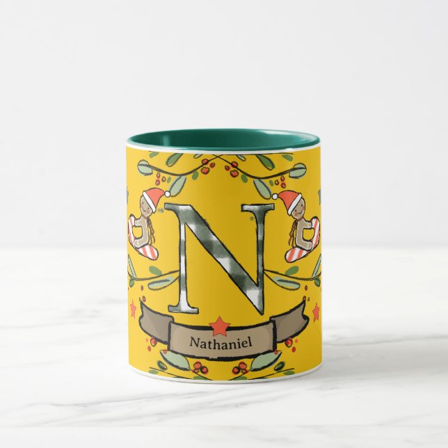 Cute Retro jul Monogram "N" med namn Mugg (Center)