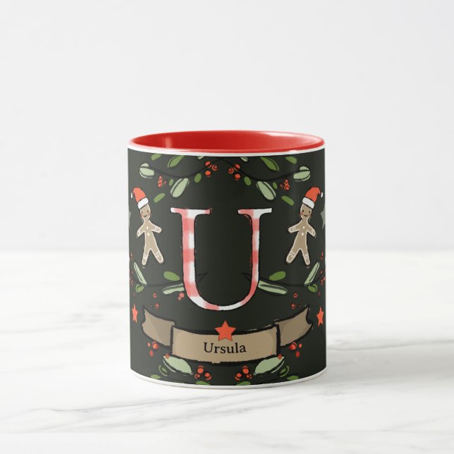 Cute Retro jul Monogram "U" med namn Mugg (Center)