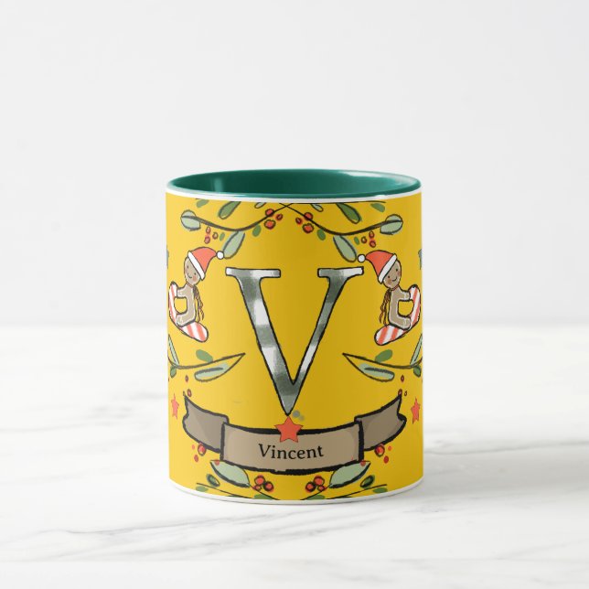 Cute Retro jul Monogram "V" med namn Mugg (Center)