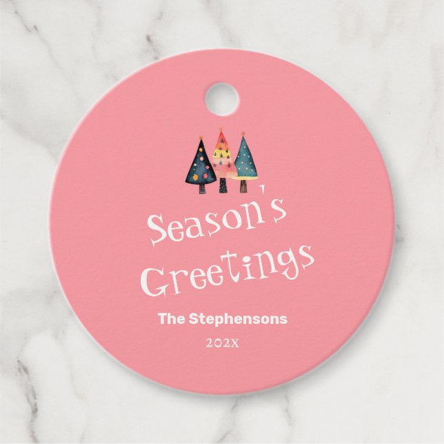 Cute Retro Julgran Rosa Helgdag Gåvor Etiketter (Framsida)