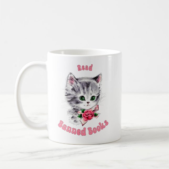 Cute Retro-katt - läs förbjuden Bokar Kaffemugg (Vänster)