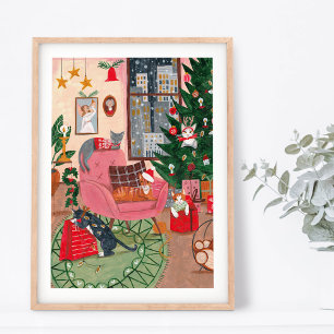 Cute retro-katter hemma jul i New York Poster
