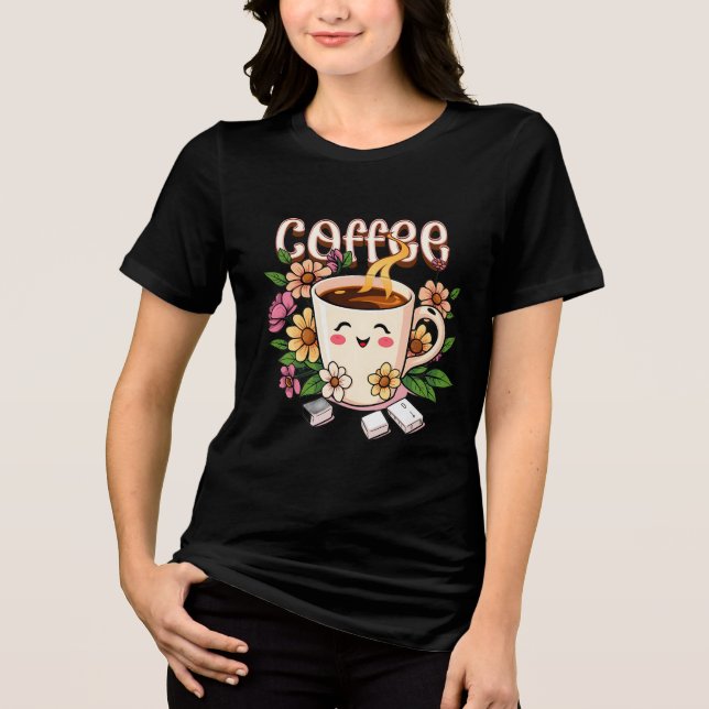 Cute Retro Kawaii Coffee and Flowers T Shirt (Framsida)