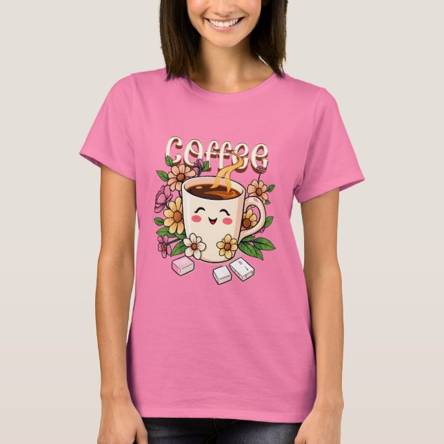 Cute Retro Kawaii Coffee and Flowers T Shirt (Framsida)