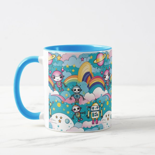 Cute Retro Kawaii Sci-Fi Robots och Rainbows Mugg (Vänster)