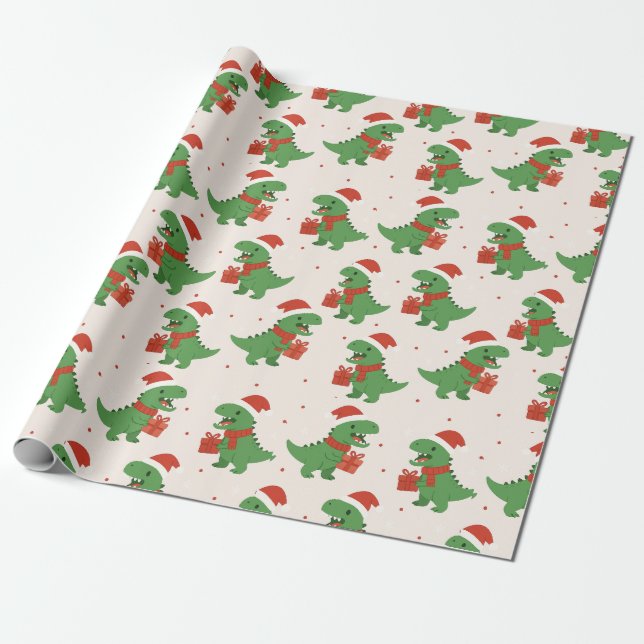 Cute Retro Kids T-Rex Julafton Presentpapper (Utrullad)