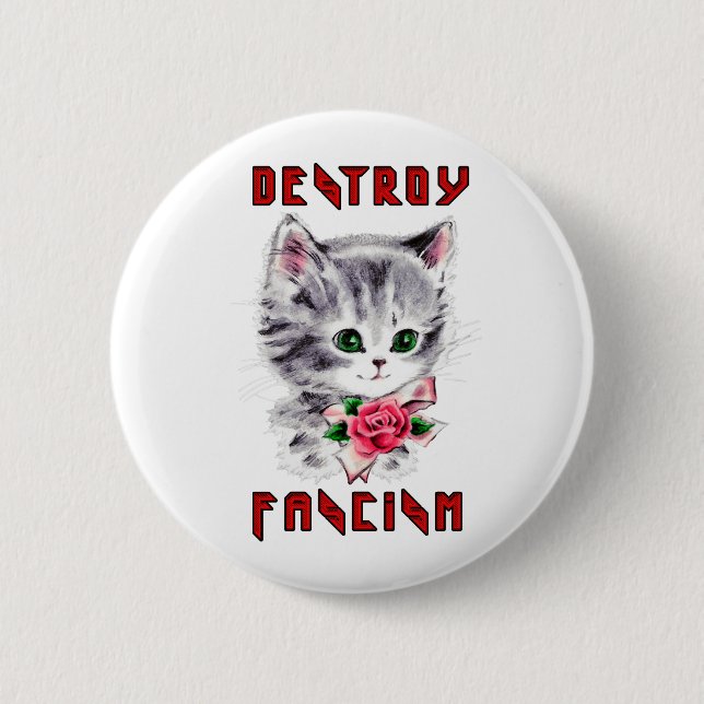 Cute Retro Kitten - ödelägga fascism Knapp (Framsida)