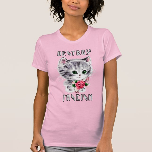 Cute Retro Kitten - ödelägga fascism T Shirt (Framsida)
