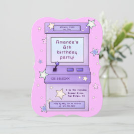 Cute Retro Lila Arcade Game Barns födelsedag Inbjudningar