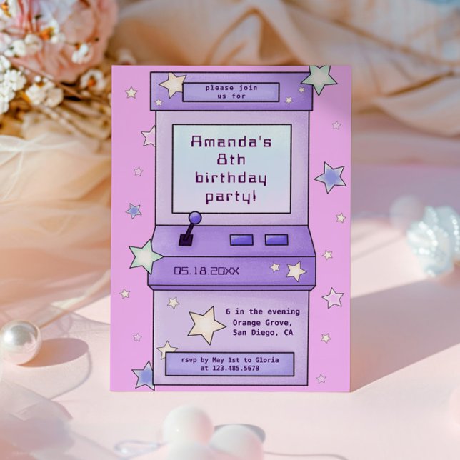 Cute Retro Lila Arcade Game Barns födelsedag Inbjudningar (Skapare uppladdad)