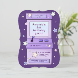 Cute Retro Lila Arcade Game Barns födelsedag Inbjudningar