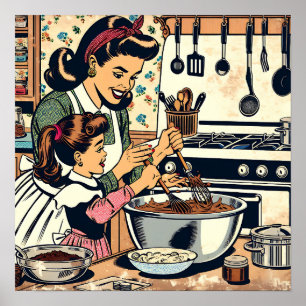 Cute Retro Mamma och Dotter Bing Tillsammans Poster