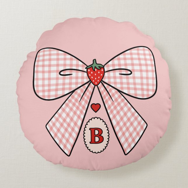 Cute Retro Monogram Initials Strawberry Coquette Rund Kudde (Framsidan)