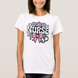 Cute Retro Nurse Design with Flowers and Bow  T Shirt