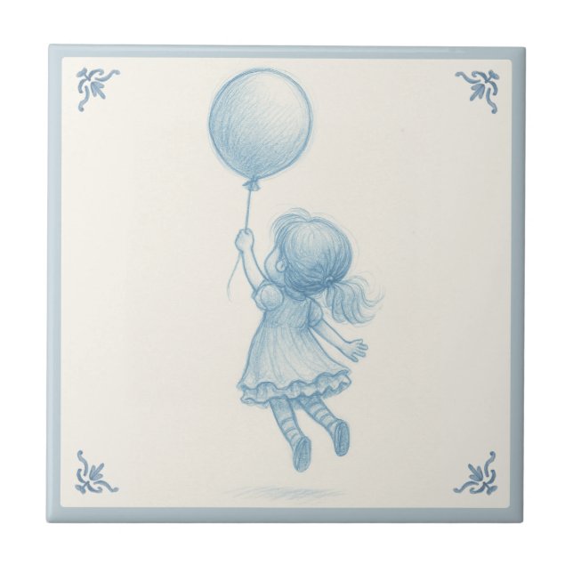 Cute retro pastel blue whimsical girl with balloon kakelplatta (Framsidan)