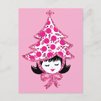 Cute Retro Pink Christmas Girl with Tree Hat Helg Vykort