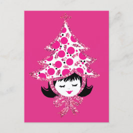 Cute Retro Pink Christmas Girl with Tree Hat Helg Vykort