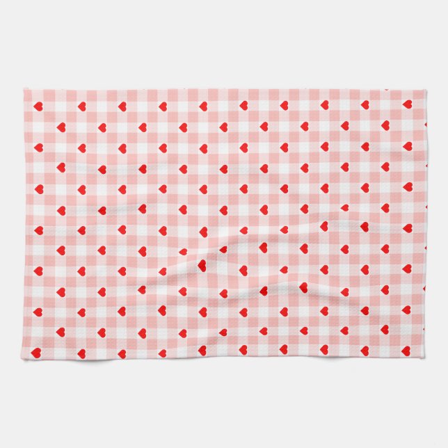 Cute Retro Pink Heart Gingham Plaid pattern Kökshandduk (Horisontell)