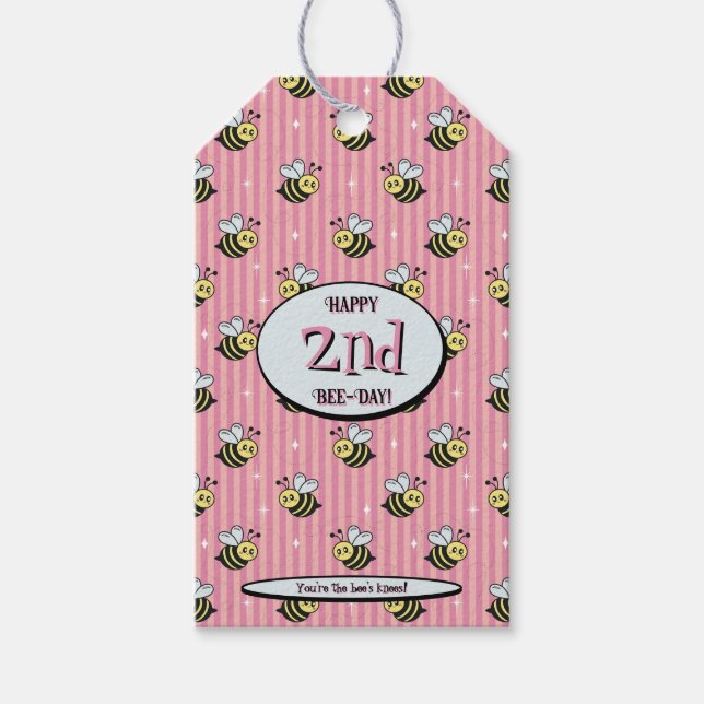Cute Retro Pink Striped Bumblebee Birthday Presentetikett (Framsidan)