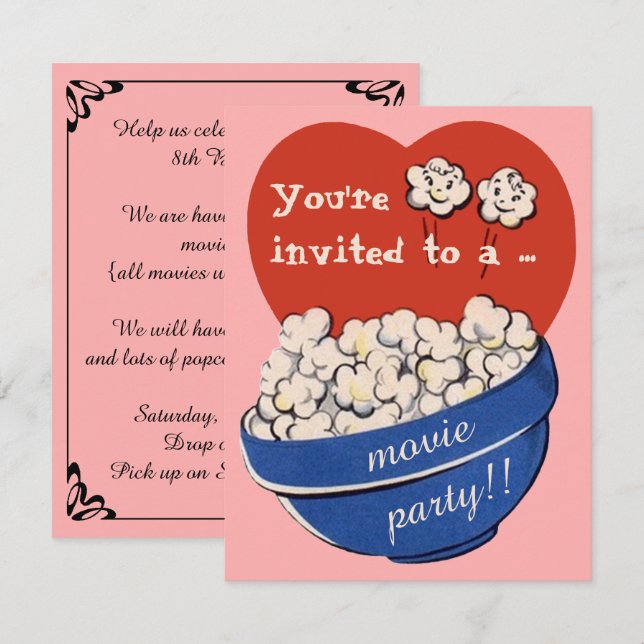 Cute Retro Popcorn och Movie Night Födelsedagsfest Inbjudningar (Fram/baksida)