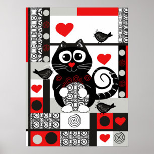 Cute retro poster med katt, fåglar, hjärta och pun