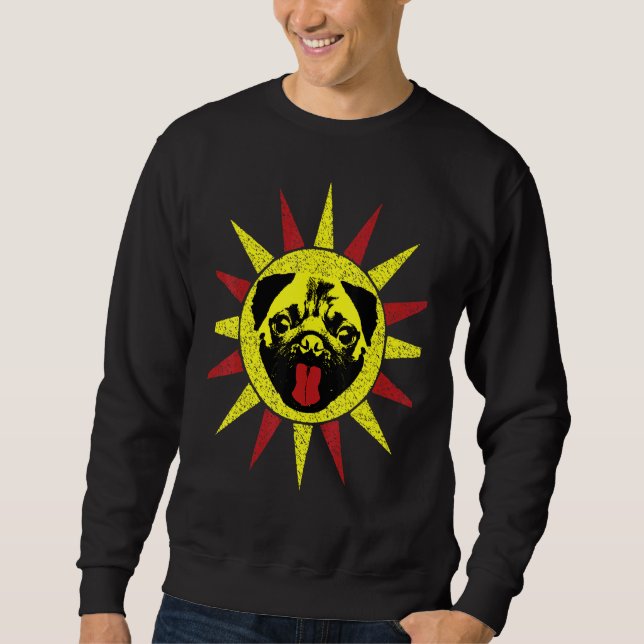 Cute Retro Puppy Hund Smiling Sol Pug Lång Ärmad Tröja (Framsida)
