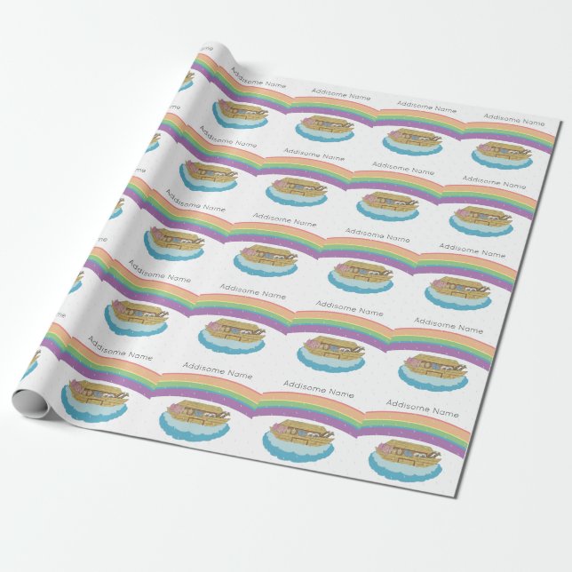 Cute Retro Rainbow Noahs Ark Add Namn Presentpapper (Utrullad)