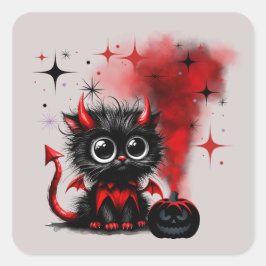 Cute Retro Red-Black Wide Eyed Kitten Halloween Fyrkantigt Klistermärke