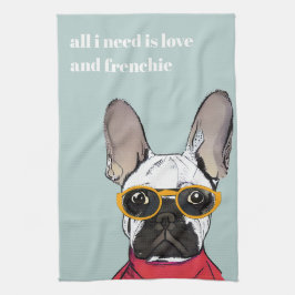 Cute Retro Red Fransk Bulldog med nyglasögon Kökshandduk